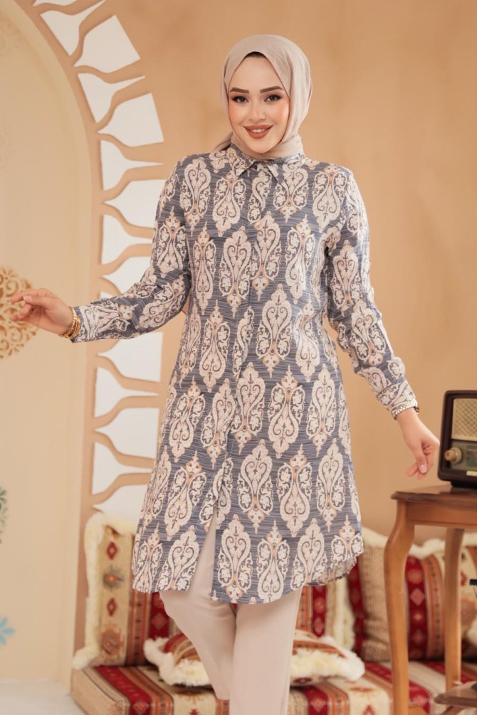 Desenli Gri Tesettür Viskon Tunik 11736GR - NEVA STYLE