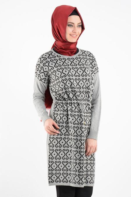 Desenli Gri Triko Tesettür Tunik 3629GR - 2