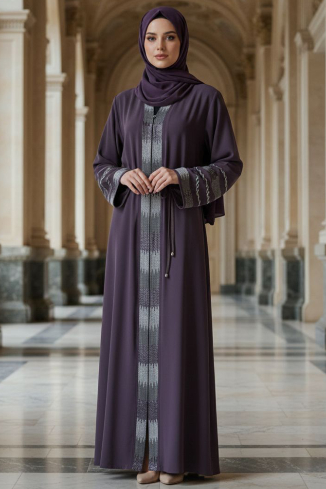 Desenli Gül Kurusu Tesettür Abaya 45303GK - 1