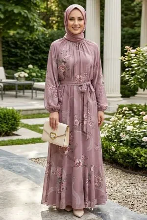 Robe longue et couvrante à motifs – Vieux rose 25231GK 