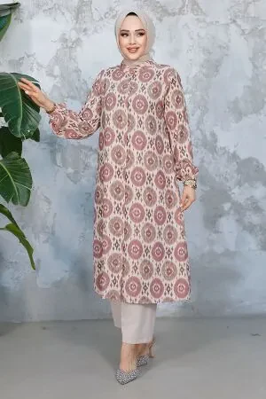 Desenli Gül Kurusu Tesettür İkili Takım 10692GK 