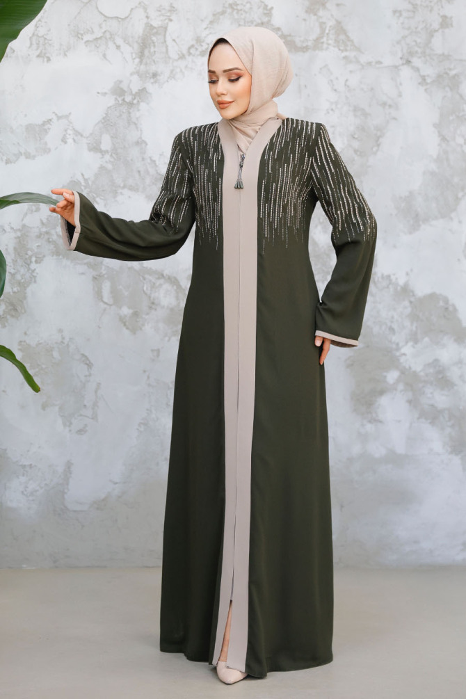 Desenli Haki Tesettür Abaya 15079HK - 2