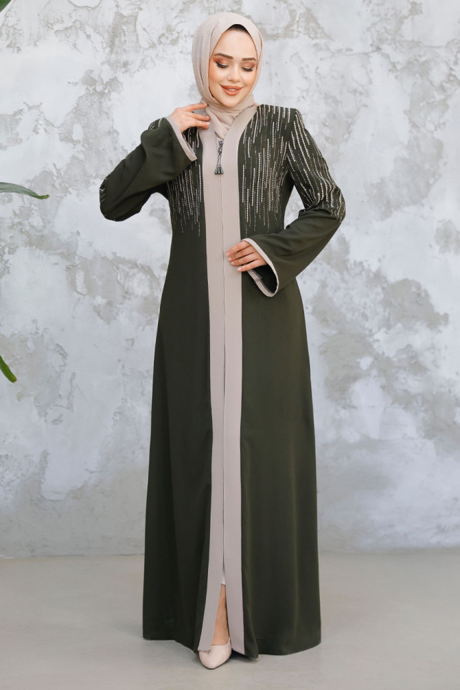 Desenli Haki Tesettür Abaya 15079HK - 3