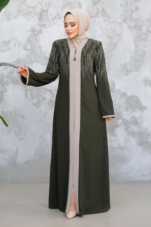 Desenli Haki Tesettür Abaya 15079HK - 1