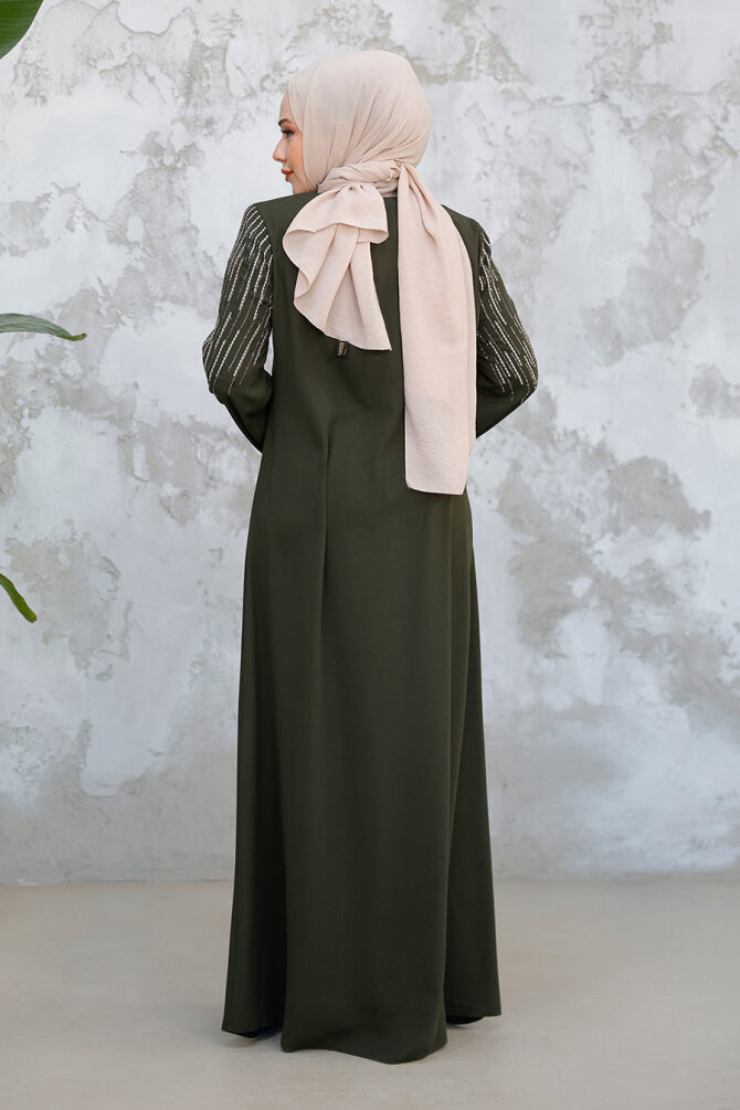 Desenli Haki Tesettür Abaya 15079HK - 4