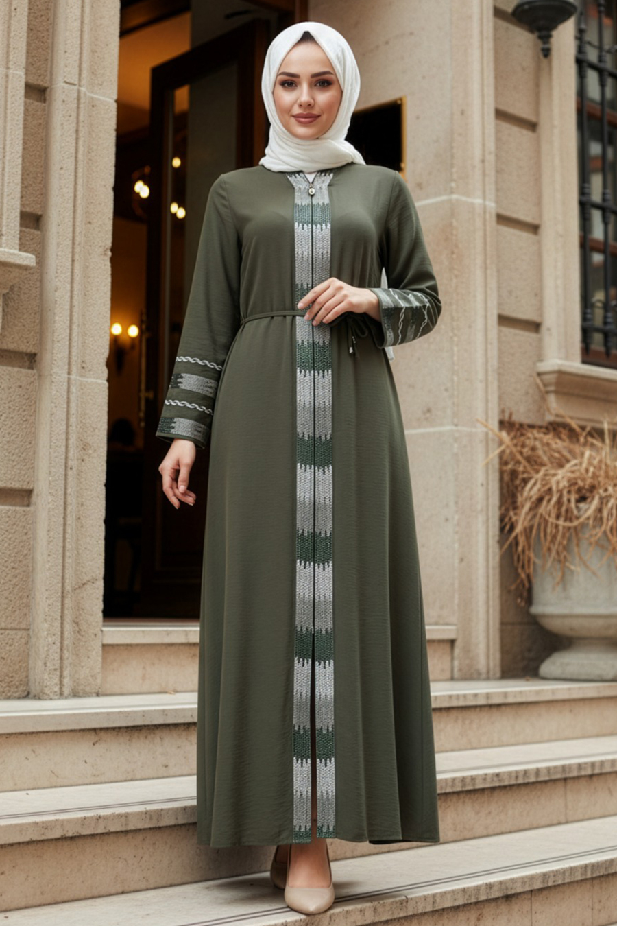 Desenli Haki Tesettür Abaya 45303HK