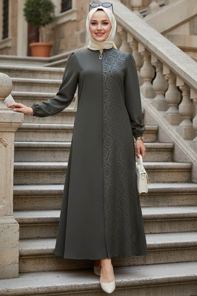 Desenli Haki Tesettür Abaya 85103HK - 1