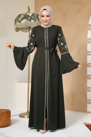 Desenli Haki Tesettür Abaya 90311HK - 2