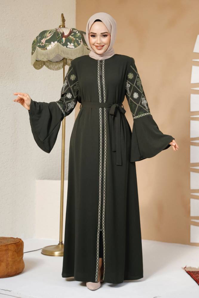 Desenli Haki Tesettür Abaya 90311HK - 2