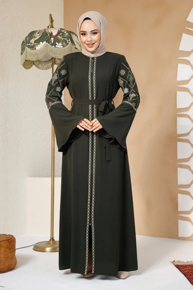 Desenli Haki Tesettür Abaya 90311HK - 3