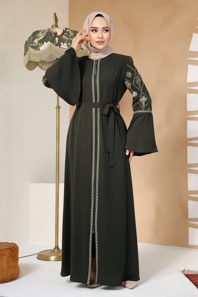 Desenli Haki Tesettür Abaya 90311HK - 1