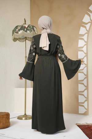 Desenli Haki Tesettür Abaya 90311HK - 4