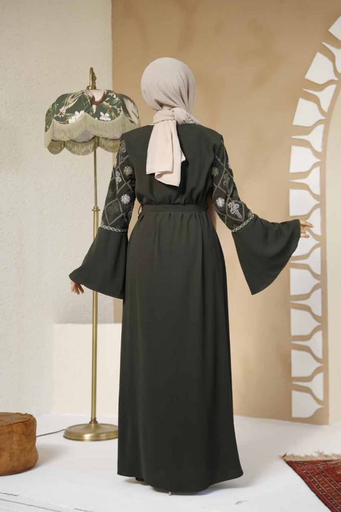 Desenli Haki Tesettür Abaya 90311HK - 4