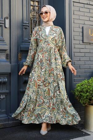 Desenli Haki Tesettür Elbise 23585HK - NEVA STYLE