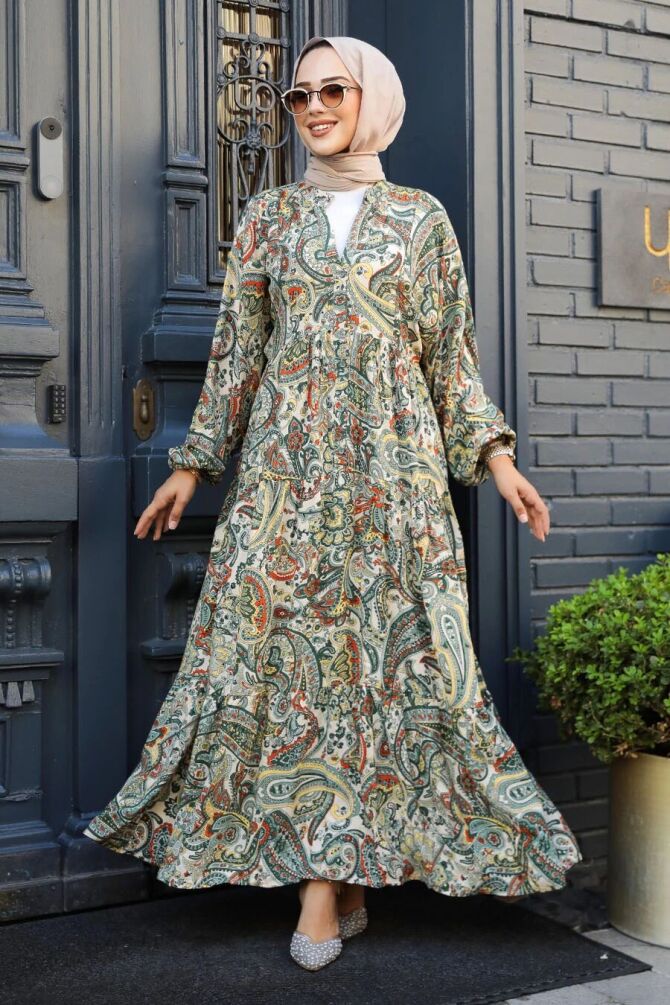Desenli Haki Tesettür Elbise 23585HK - NEVA STYLE