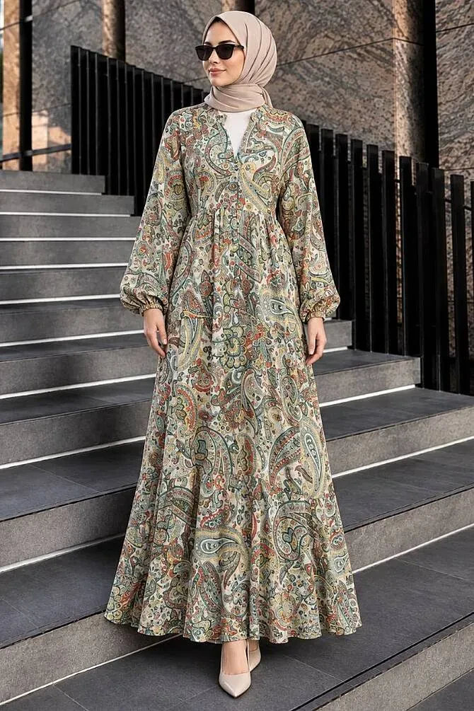 Desenli Haki Tesettür Elbise 23585HK - NEVA STYLE