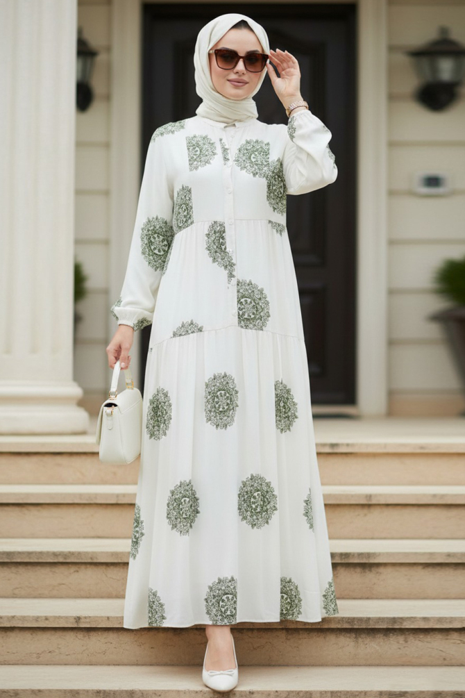 Desenli Haki Tesettür Elbise 24016HK - 1