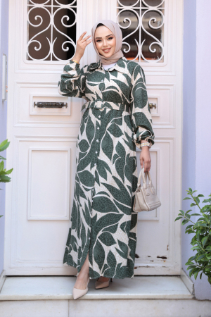 Desenli Haki Tesettür Elbise 24082HK - 2