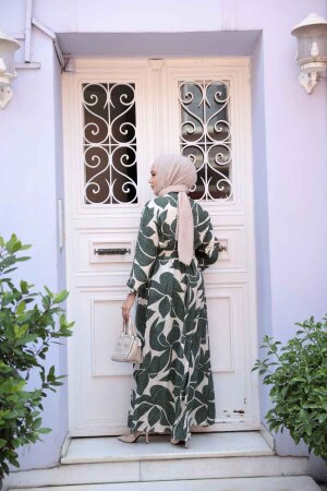 Desenli Haki Tesettür Elbise 24082HK - 3