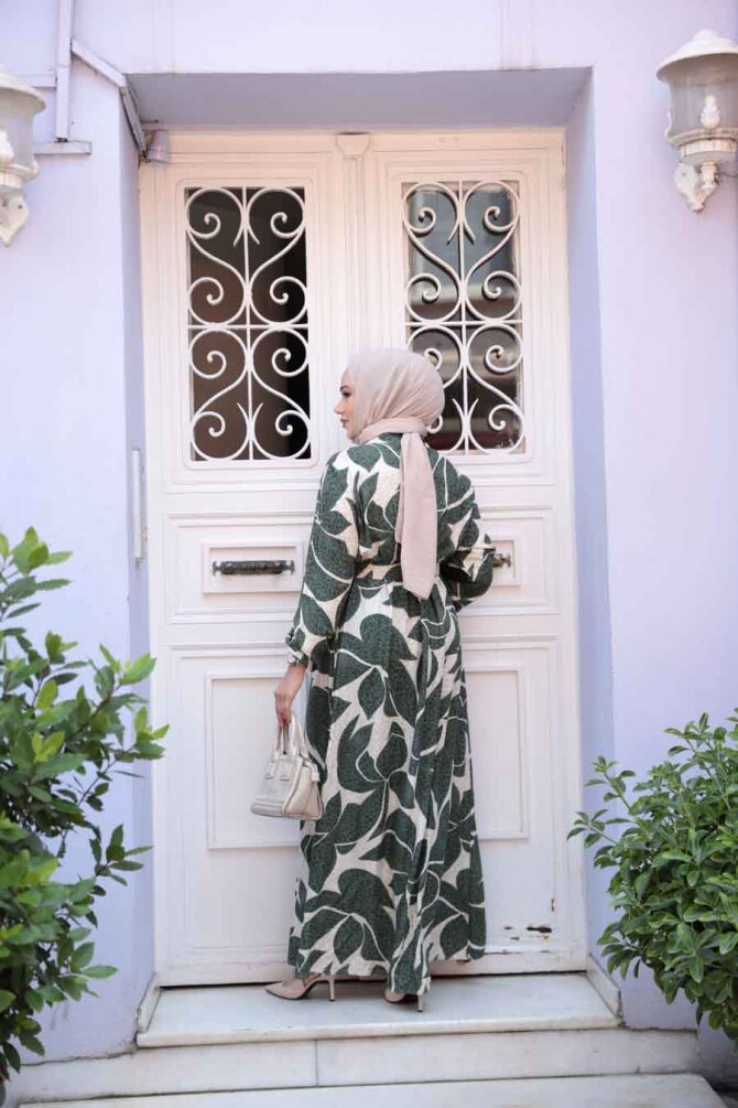 Desenli Haki Tesettür Elbise 24082HK - 3