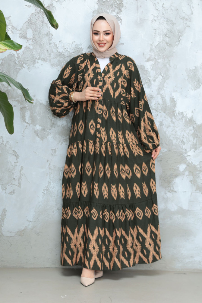 Desenli Haki Tesettür Elbise 30052HK - 2