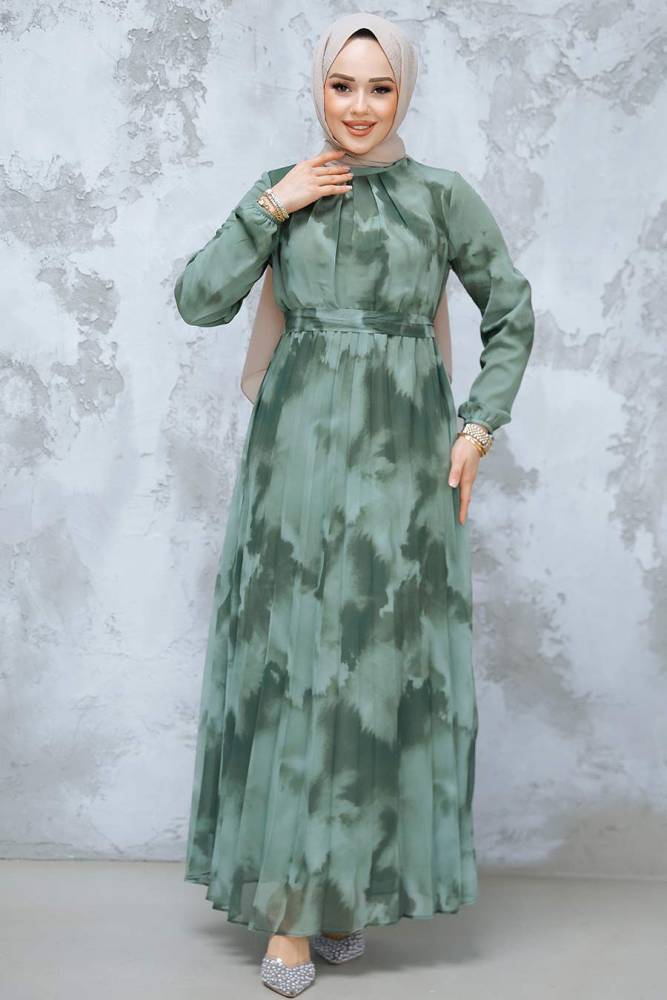 Desenli Haki Tesettür Elbise 34469HK - 2
