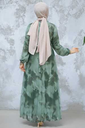 Desenli Haki Tesettür Elbise 34469HK - 3
