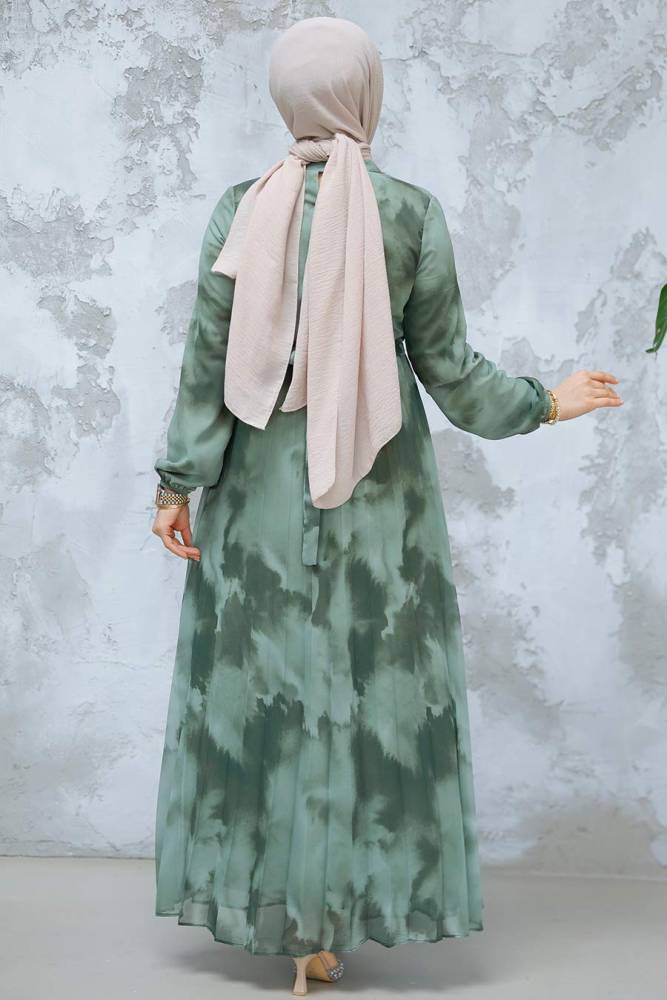 Desenli Haki Tesettür Elbise 34469HK - 3