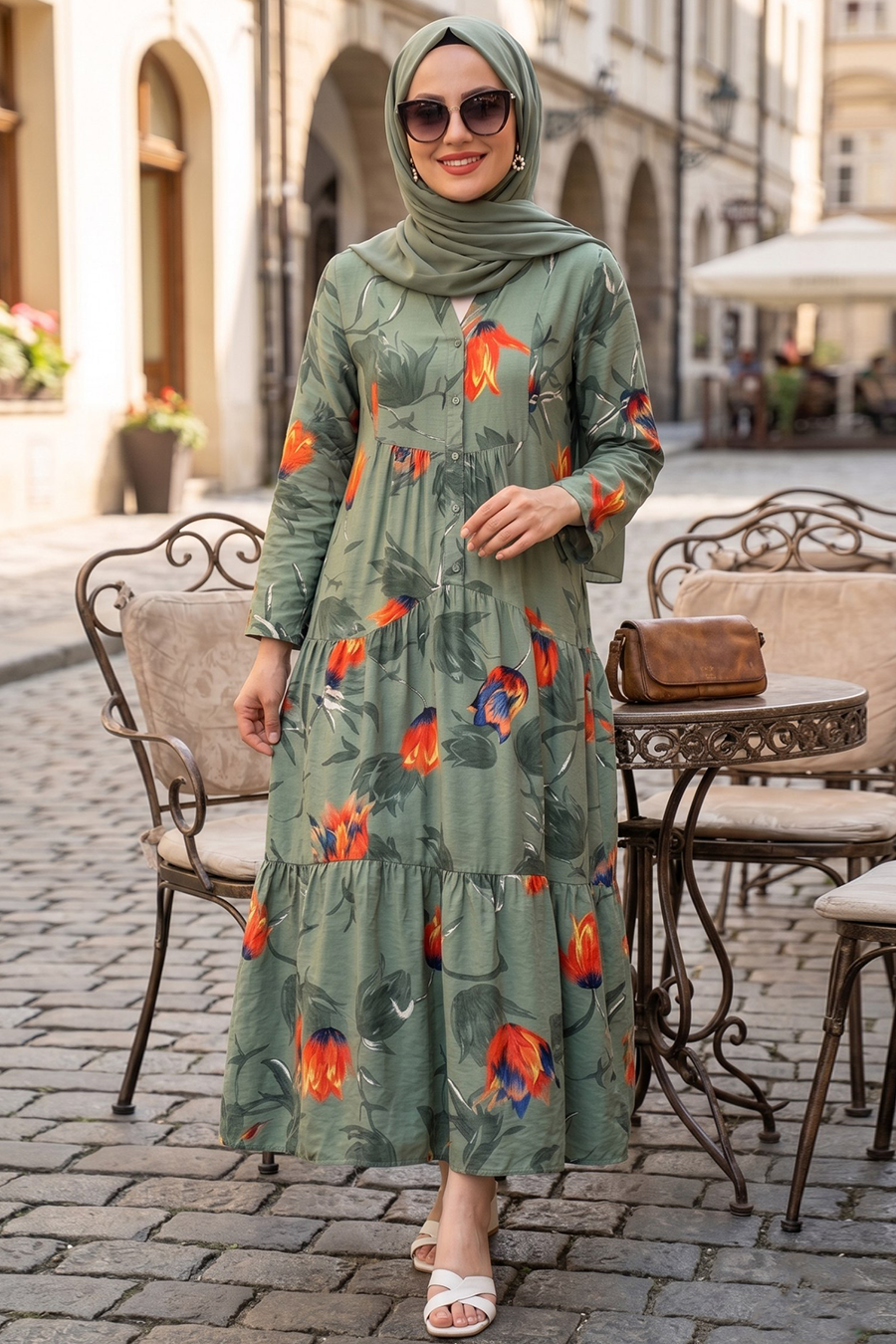 Desenli Haki Tesettür Elbise 627507HK