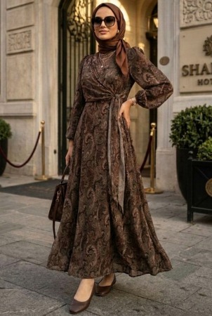 Desenli Haki Tesettür Elbise 63021HK - 1