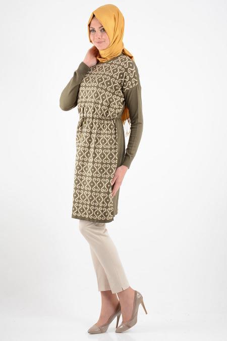 Desenli Haki Triko Tesettür Tunik 3629HK - 2