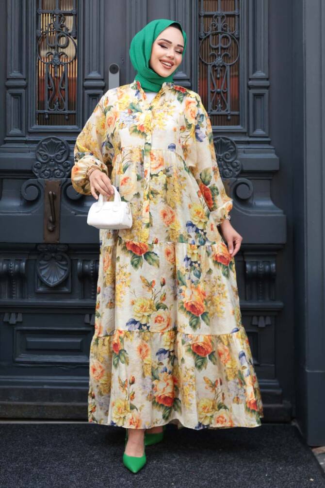 Desenli Hardal Tesettür Elbise 710513HR - 2