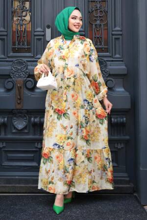 Desenli Hardal Tesettür Elbise 710513HR - 1