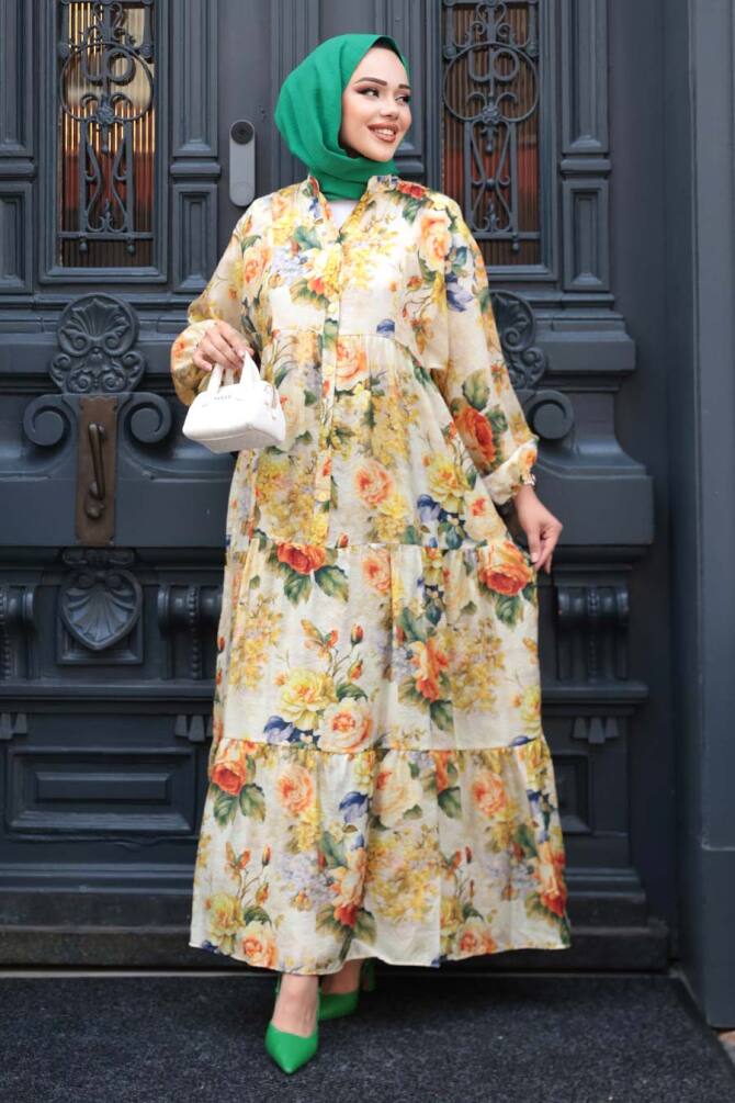 Desenli Hardal Tesettür Elbise 710513HR - 1