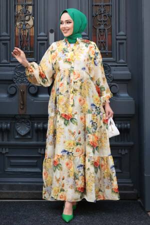 Desenli Hardal Tesettür Elbise 710513HR - 3