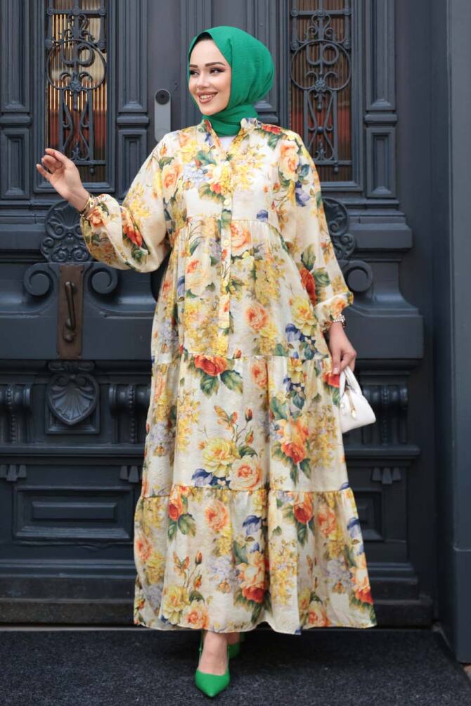 Desenli Hardal Tesettür Elbise 710513HR - 3