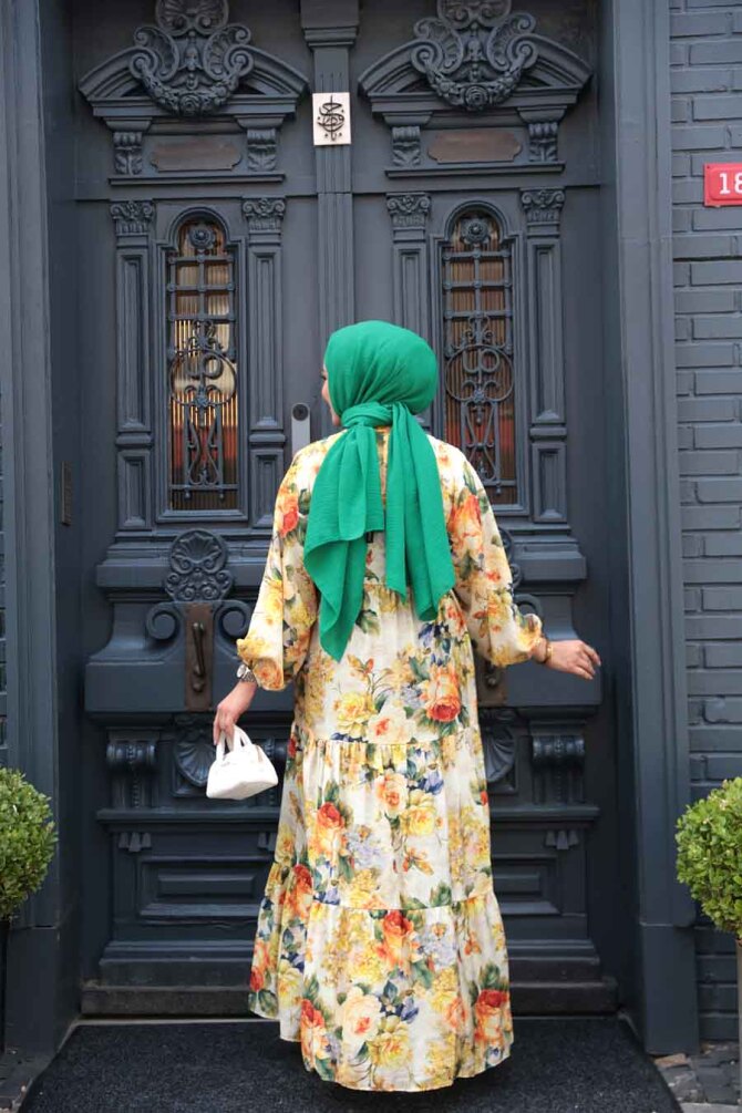 Desenli Hardal Tesettür Elbise 710513HR - 4