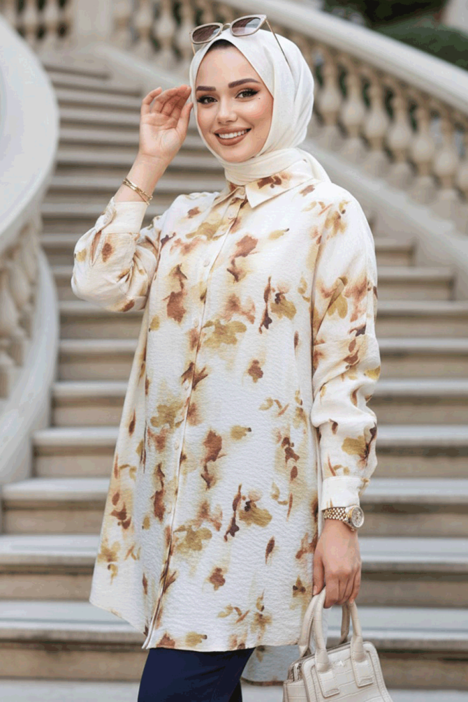 Desenli Hardal Tesettür Gömlek 10546HR - 1