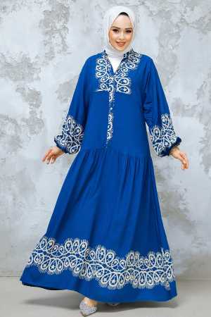 Desenli İndigo Mavisi Tesettür Elbise 18237IM - 1