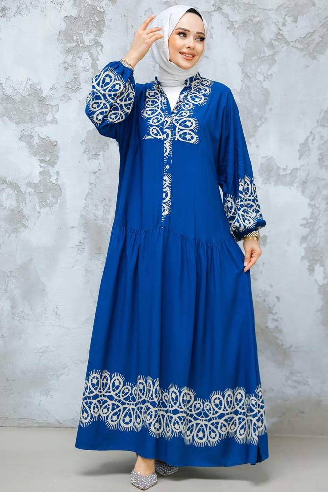 Desenli İndigo Mavisi Tesettür Elbise 18237IM - 2
