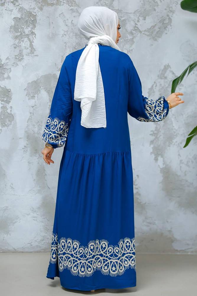 Desenli İndigo Mavisi Tesettür Elbise 18237IM - 3