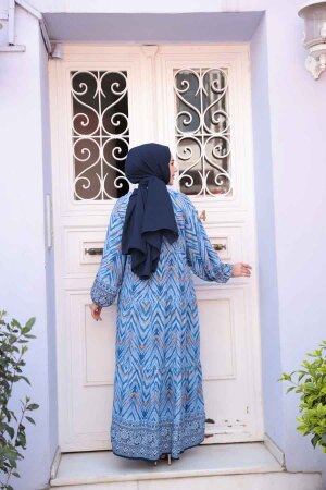 Desenli İndigo Mavisi Tesettür Elbise 18243IM - 5