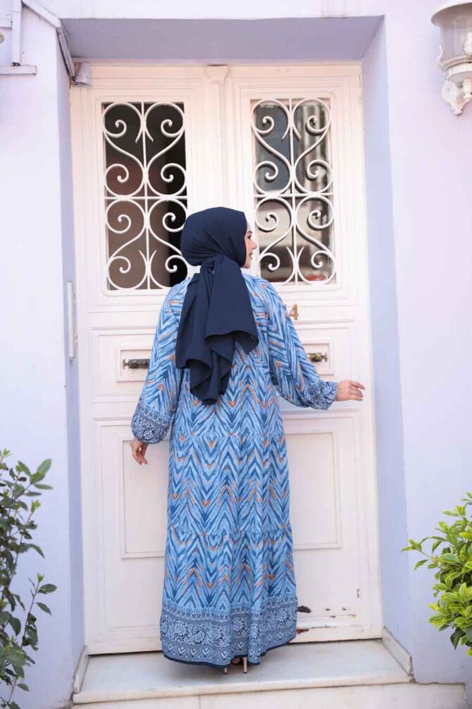 Desenli İndigo Mavisi Tesettür Elbise 18243IM - 5