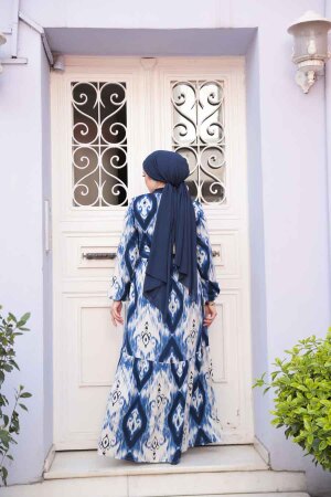 Desenli İndigo Mavisi Tesettür Elbise 23923IM - 3