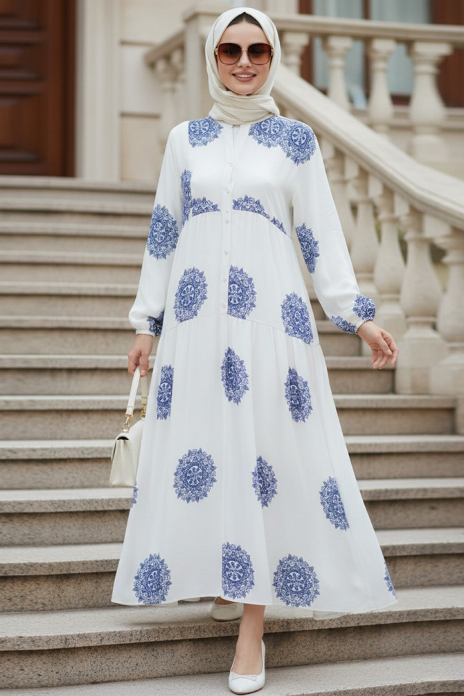 Desenli İndigo Mavisi Tesettür Elbise 24016IM - 1