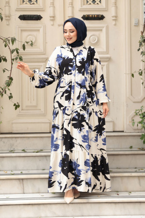Desenli İndigo Mavisi Tesettür Elbise 24061IM - 2