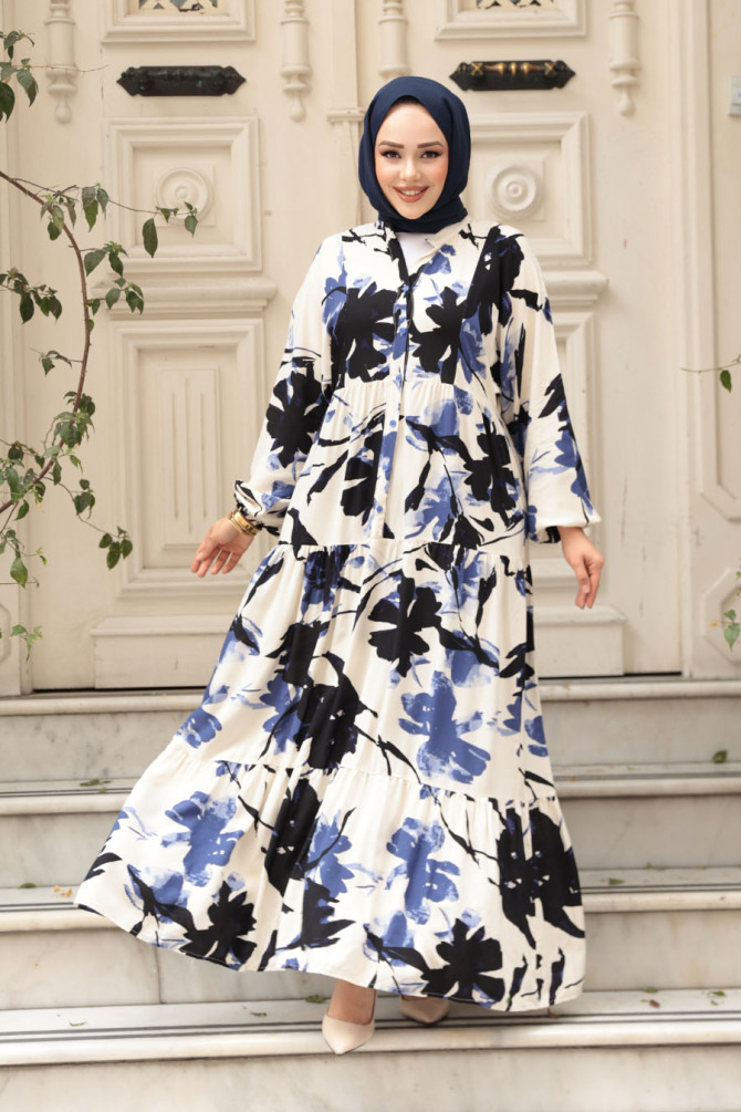 Desenli İndigo Mavisi Tesettür Elbise 24061IM - 3