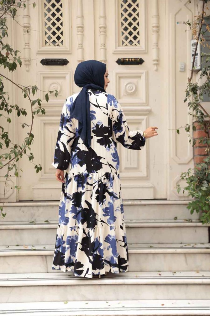 Desenli İndigo Mavisi Tesettür Elbise 24061IM - 4