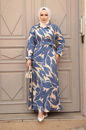 Desenli İndigo Mavisi Tesettür Elbise 24082IM 