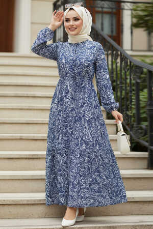 Desenli İndigo Mavisi Tesettür Elbise 50254IM 